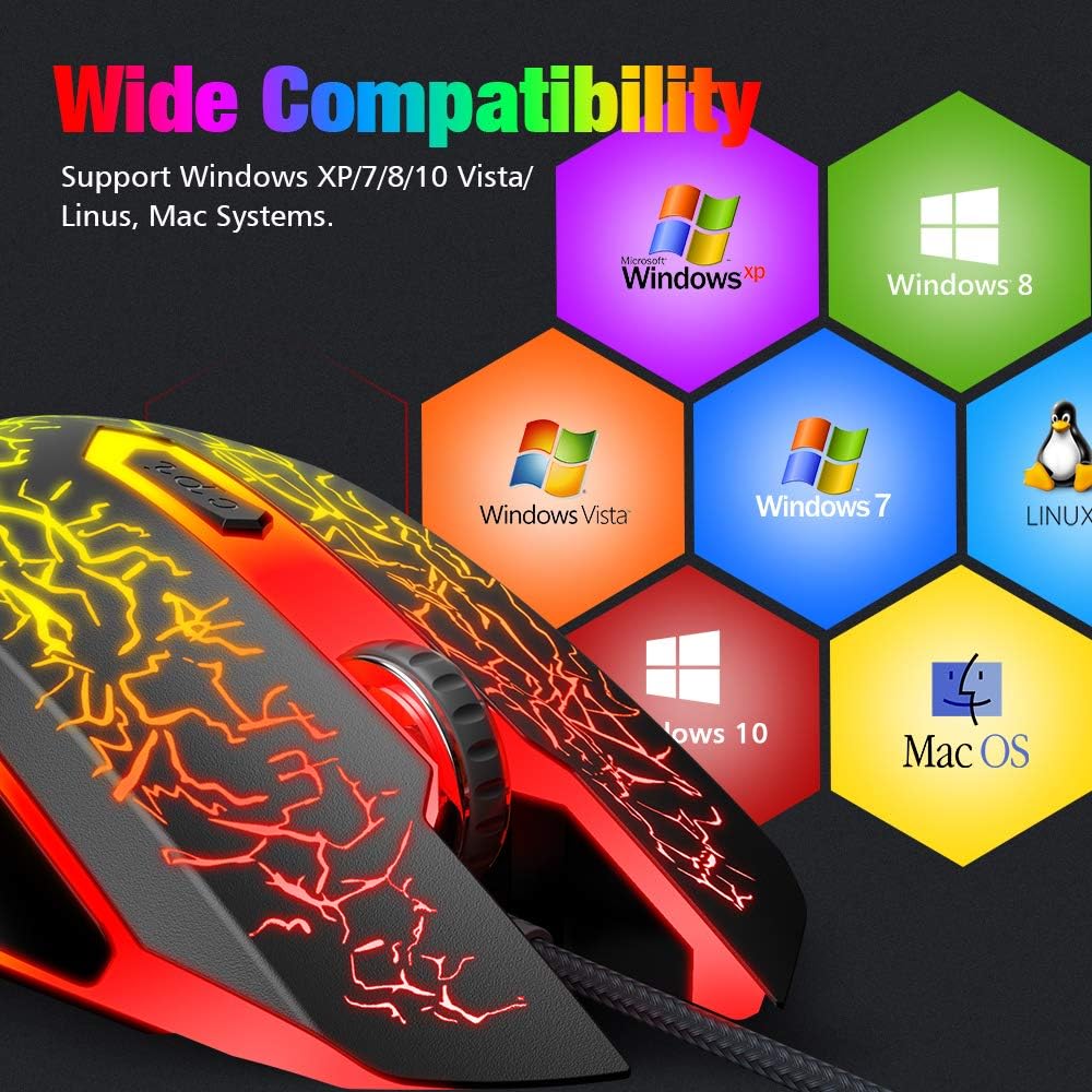 V3 Gaming Mouse Ergonomic Wired Computer Mouse with 7 Colours LED Backlight, 4 DPI Settings Up to 3600 DPI