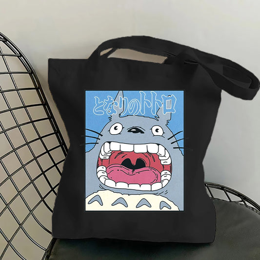 Totoro Canvas Black Tote Bag, Shoulder Tote Bag, Shopping Bag